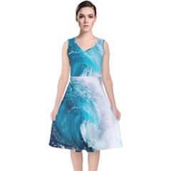 Tsunami Big Blue Wave Ocean Waves Water V-neck Midi Sleeveless Dress  by uniart180623