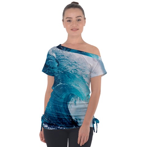 Tsunami Big Blue Wave Ocean Waves Water Off Shoulder Tie-up Tee by uniart180623