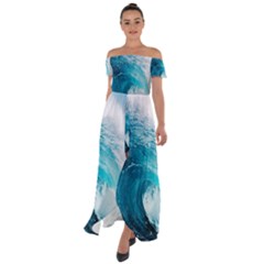 Tsunami Big Blue Wave Ocean Waves Water Off Shoulder Open Front Chiffon Dress by uniart180623