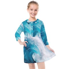 Tsunami Big Blue Wave Ocean Waves Water Kids  Quarter Sleeve Shirt Dress by uniart180623