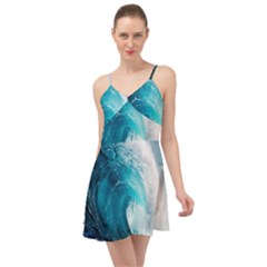 Tsunami Big Blue Wave Ocean Waves Water Summer Time Chiffon Dress by uniart180623