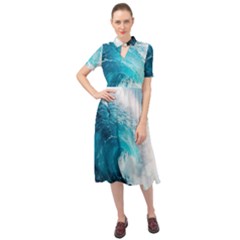 Tsunami Big Blue Wave Ocean Waves Water Keyhole Neckline Chiffon Dress by uniart180623