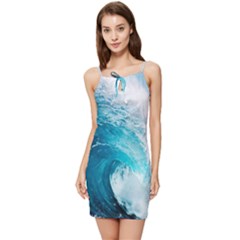 Tsunami Big Blue Wave Ocean Waves Water Summer Tie Front Dress by uniart180623