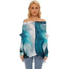 Tsunami Big Blue Wave Ocean Waves Water Off Shoulder Chiffon Pocket Shirt by uniart180623