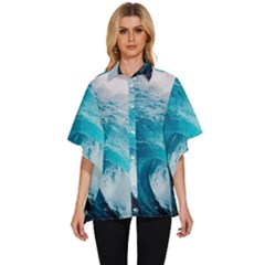 Tsunami Big Blue Wave Ocean Waves Water Women s Batwing Button Up Shirt