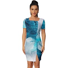 Tsunami Big Blue Wave Ocean Waves Water Fitted Knot Split End Bodycon Dress by uniart180623