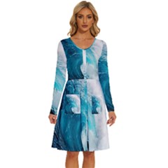 Tsunami Big Blue Wave Ocean Waves Water Long Sleeve Dress With Pocket by uniart180623