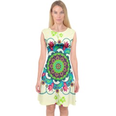 Mandala Flowers Abstract Butterflies Floral Pattern Summer Capsleeve Midi Dress by uniart180623