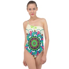 Mandala Flowers Abstract Butterflies Floral Pattern Summer Classic One Shoulder Swimsuit by uniart180623