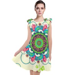 Mandala Flowers Abstract Butterflies Floral Pattern Summer Tie Up Tunic Dress by uniart180623