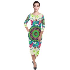 Mandala Flowers Abstract Butterflies Floral Pattern Summer Quarter Sleeve Midi Velour Bodycon Dress by uniart180623