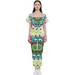 Mandala Flowers Abstract Butterflies Floral Pattern Summer Bardot Ruffle Jumpsuit by uniart180623