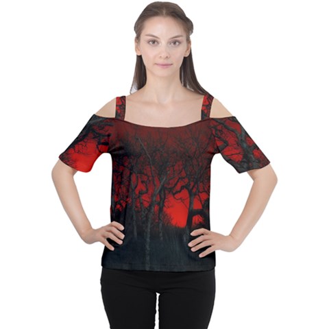 Dark Forest Jungle Plant Black Red Tree Cutout Shoulder Tee by uniart180623