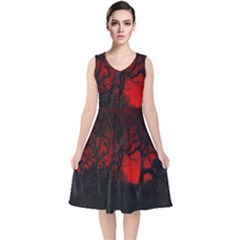 Dark Forest Jungle Plant Black Red Tree V-neck Midi Sleeveless Dress  by uniart180623