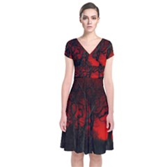 Dark Forest Jungle Plant Black Red Tree Short Sleeve Front Wrap Dress by uniart180623