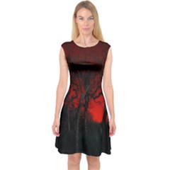 Dark Forest Jungle Plant Black Red Tree Capsleeve Midi Dress by uniart180623