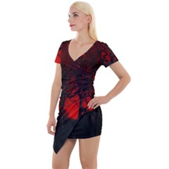 Dark Forest Jungle Plant Black Red Tree Short Sleeve Asymmetric Mini Dress by uniart180623