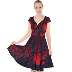 Dark Forest Jungle Plant Black Red Tree Cap Sleeve Front Wrap Midi Dress by uniart180623