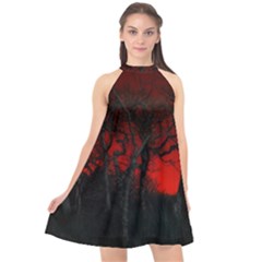 Dark Forest Jungle Plant Black Red Tree Halter Neckline Chiffon Dress  by uniart180623