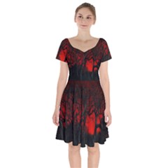 Dark Forest Jungle Plant Black Red Tree Short Sleeve Bardot Dress by uniart180623