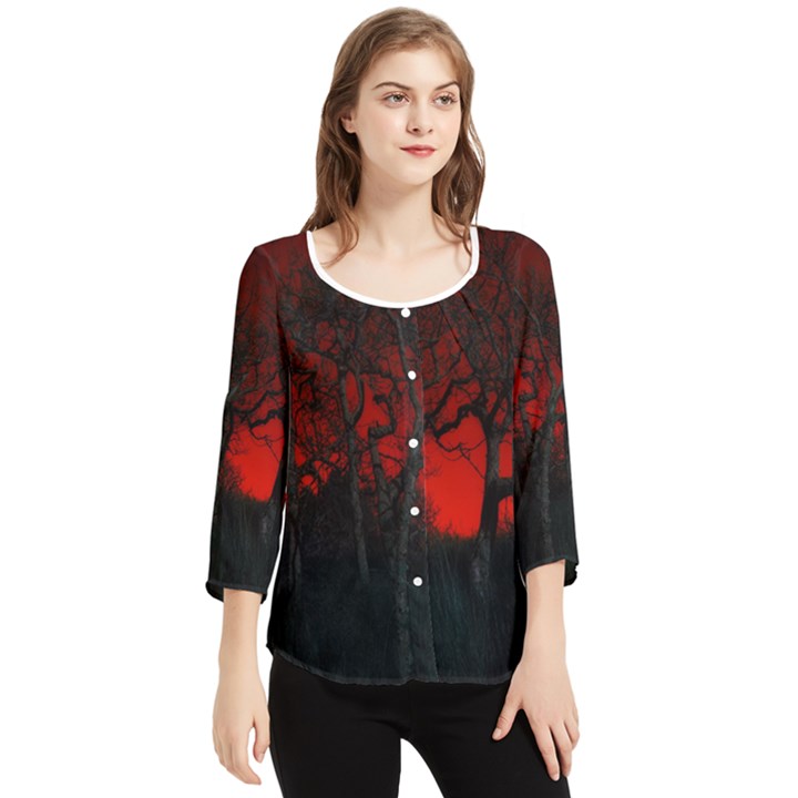 Dark Forest Jungle Plant Black Red Tree Chiffon Quarter Sleeve Blouse