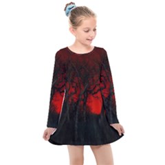 Dark Forest Jungle Plant Black Red Tree Kids  Long Sleeve Dress by uniart180623