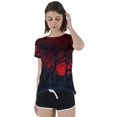 Dark Forest Jungle Plant Black Red Tree Short Sleeve Open Back Tee by uniart180623