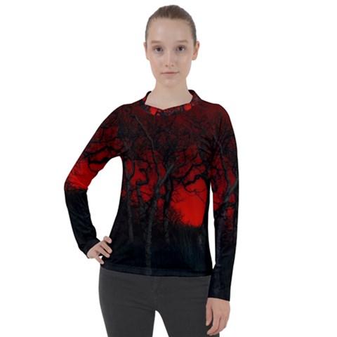 Dark Forest Jungle Plant Black Red Tree Women s Pique Long Sleeve Tee by uniart180623