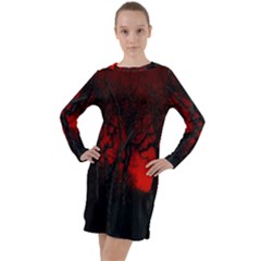 Dark Forest Jungle Plant Black Red Tree Long Sleeve Hoodie Dress by uniart180623