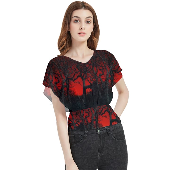 Dark Forest Jungle Plant Black Red Tree Butterfly Chiffon Blouse