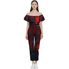 Dark Forest Jungle Plant Black Red Tree Bardot Ruffle Jumpsuit by uniart180623