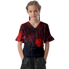 Dark Forest Jungle Plant Black Red Tree Kids  V-neck Horn Sleeve Blouse by uniart180623