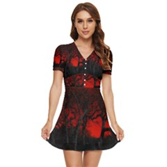 Dark Forest Jungle Plant Black Red Tree V-neck High Waist Chiffon Mini Dress by uniart180623