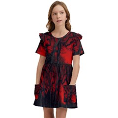 Dark Forest Jungle Plant Black Red Tree Kids  Frilly Sleeves Pocket Dress by uniart180623