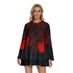 Dark Forest Jungle Plant Black Red Tree Round Neck Long Sleeve Bohemian Style Chiffon Mini Dress by uniart180623