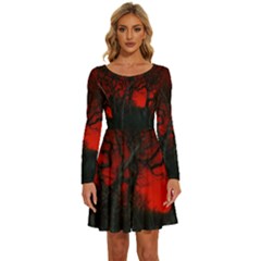 Dark Forest Jungle Plant Black Red Tree Long Sleeve Wide Neck Velvet Dress by uniart180623