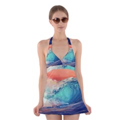 Artistic Wave Sea Halter Dress Swimsuit  by uniart180623