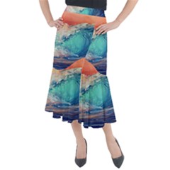 Artistic Wave Sea Midi Mermaid Skirt