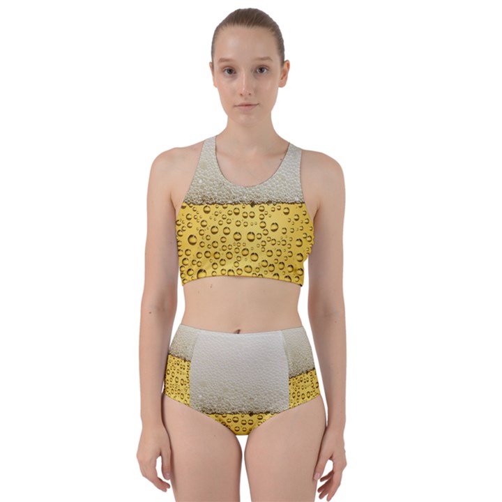 Texture Pattern Macro Glass Of Beer Foam White Yellow Art Racer Back Bikini Set