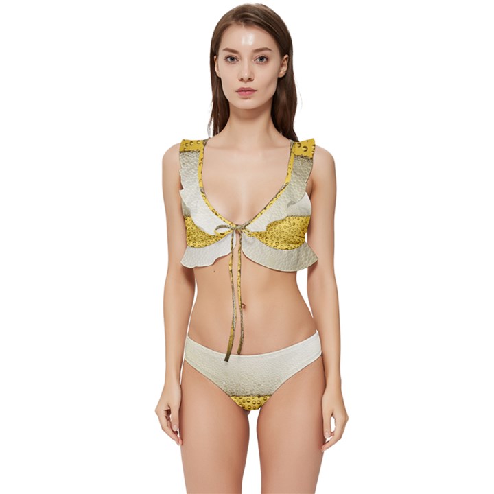 Texture Pattern Macro Glass Of Beer Foam White Yellow Art Low Cut Ruffle Edge Bikini Set