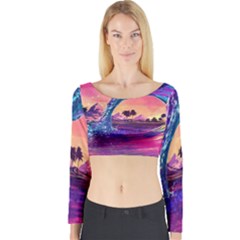 Retro Wave Ocean Long Sleeve Crop Top by uniart180623