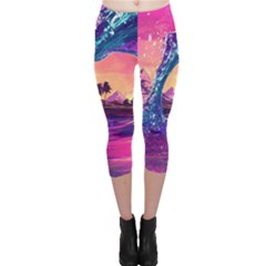 Retro Wave Ocean Capri Leggings  by uniart180623