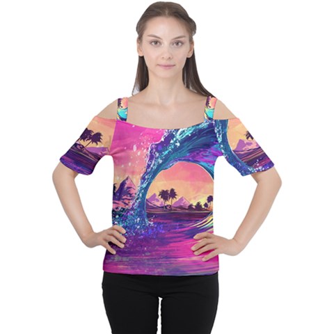 Retro Wave Ocean Cutout Shoulder Tee by uniart180623