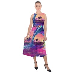 Retro Wave Ocean Midi Tie-Back Chiffon Dress