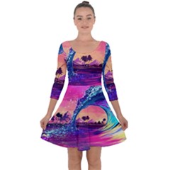 Retro Wave Ocean Quarter Sleeve Skater Dress