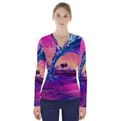 Retro Wave Ocean V-neck Long Sleeve Top by uniart180623