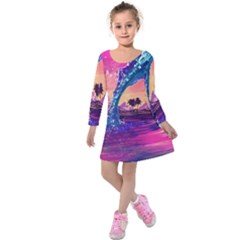 Retro Wave Ocean Kids  Long Sleeve Velvet Dress