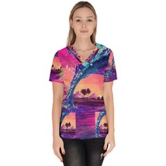 Retro Wave Ocean Women s V-neck Scrub Top by uniart180623