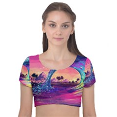 Retro Wave Ocean Velvet Short Sleeve Crop Top  by uniart180623