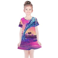 Retro Wave Ocean Kids  Simple Cotton Dress